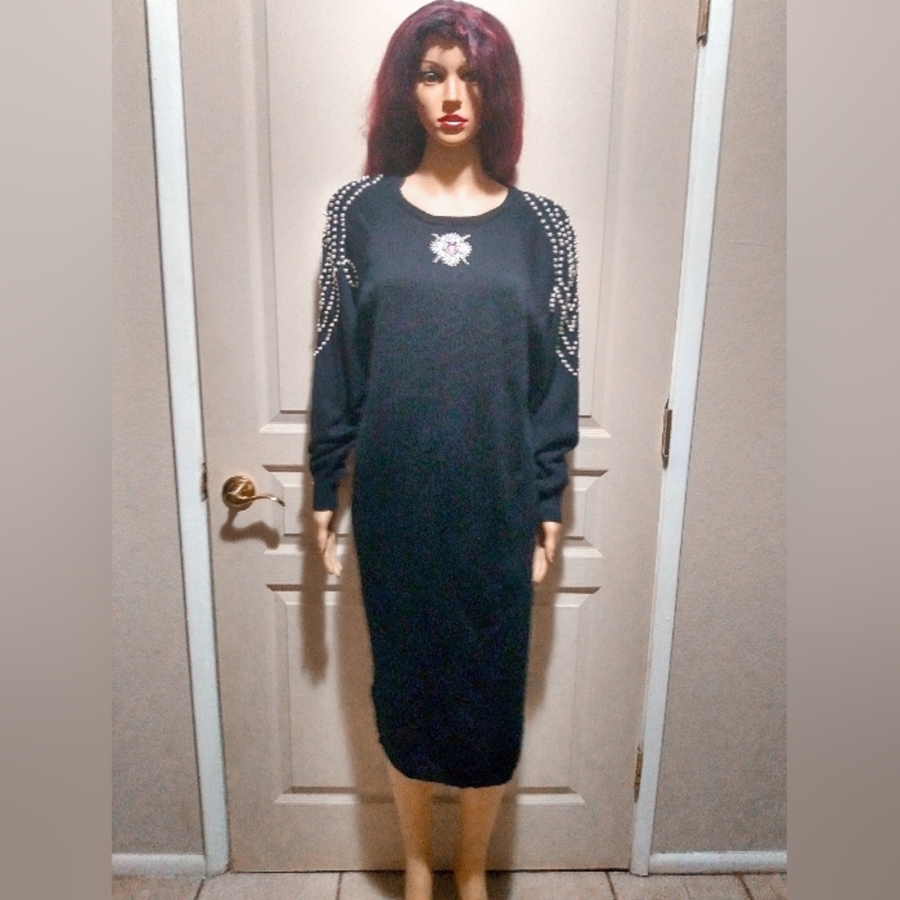 Vintage 80s Black Beaded Sweater Dress.